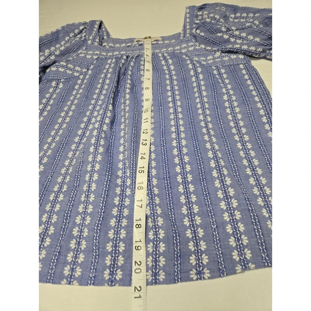 Loft Womens Jacquard Puff Sleeve Square Neck Embroidered Top XS Blue 100% Cotton